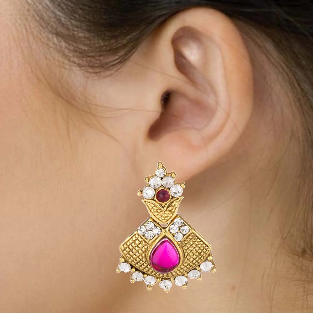 Pair Of Dazzling Dangler Earrings Embellished With Purple & White Stones