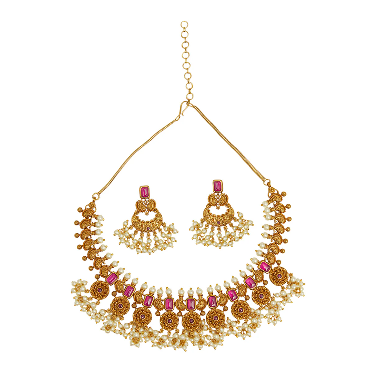 Paisley Motifs CZ Gems and Faux Pearls Gold Toned Brass Jewellery Set - Image 3