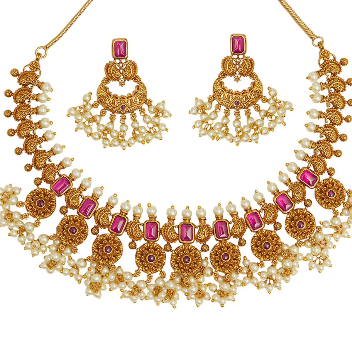 Paisley Motifs CZ Gems and Faux Pearls Gold Toned Brass Jewellery Set - Image 4