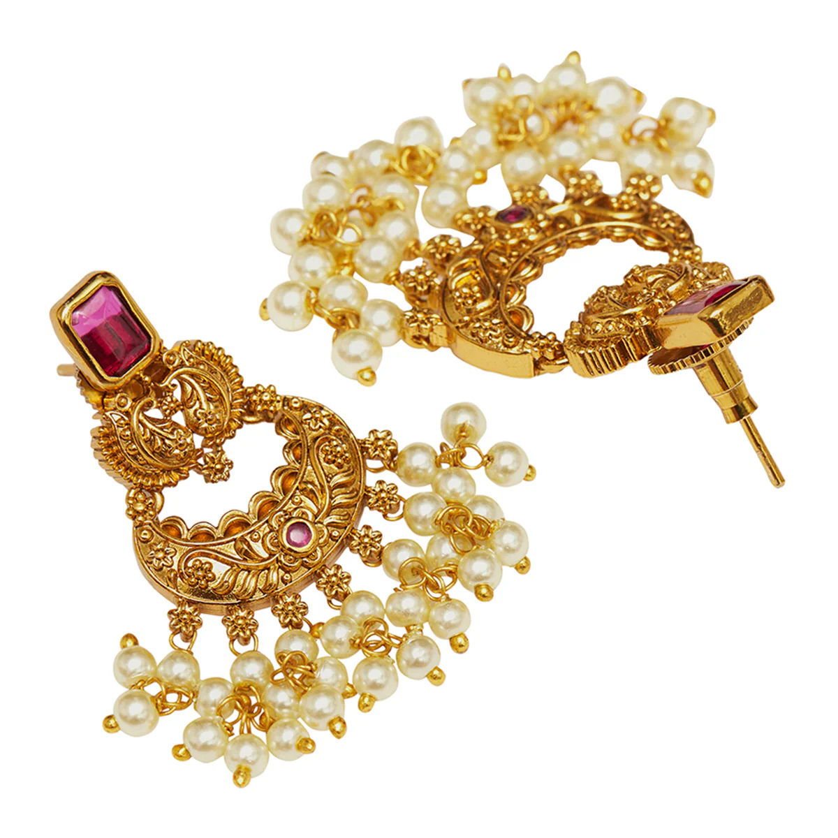 Paisley Motifs CZ Gems and Faux Pearls Gold Toned Brass Jewellery Set - Image 5