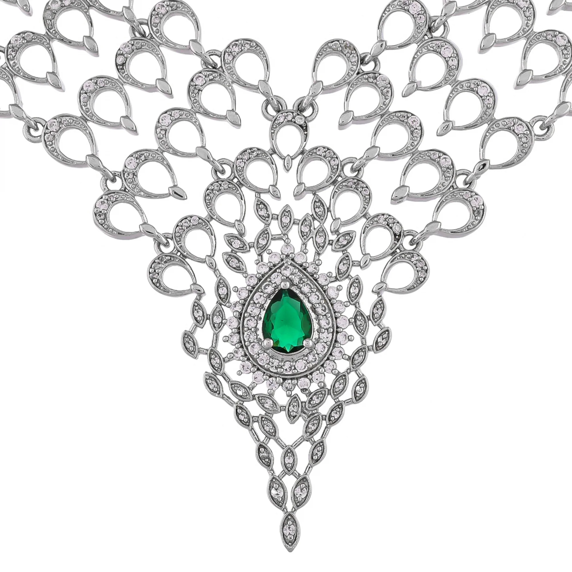 Peacock Emerald Elegance Silver Necklace Set - Image 5