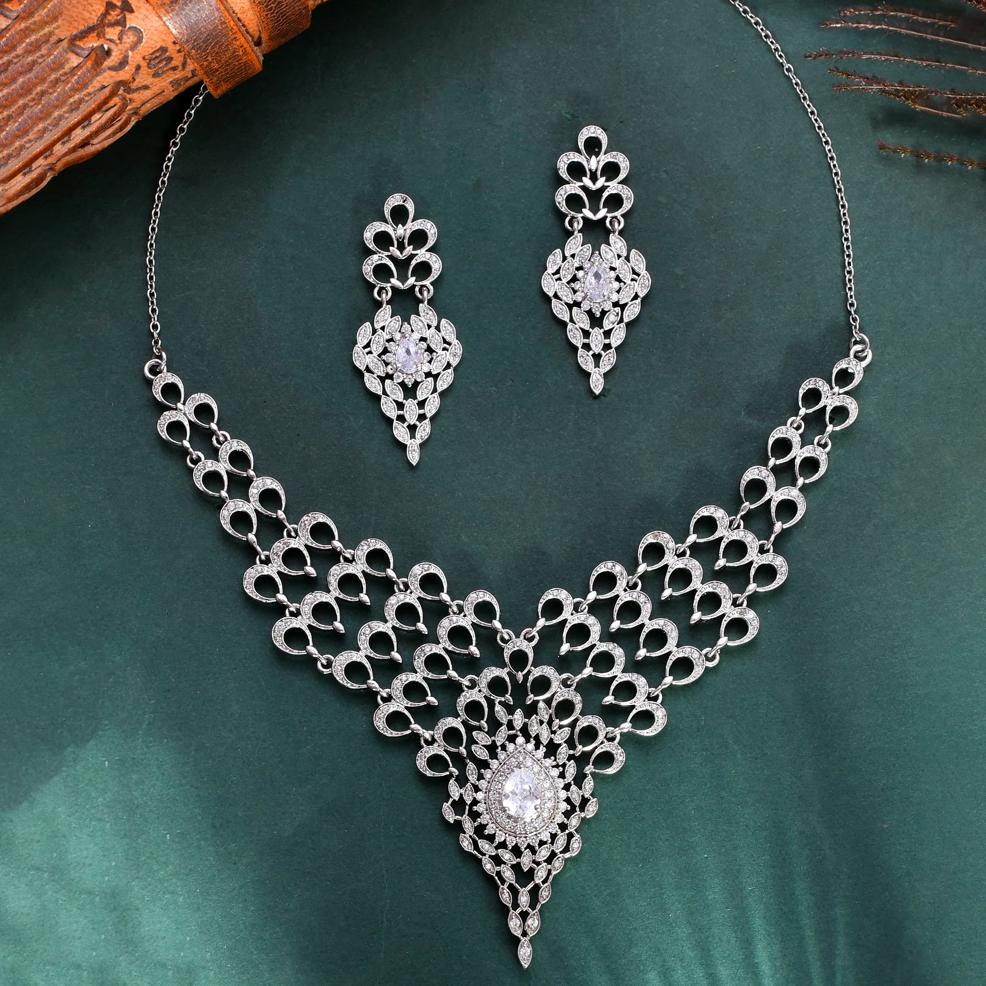 Peacock Regal Silver Necklace Set