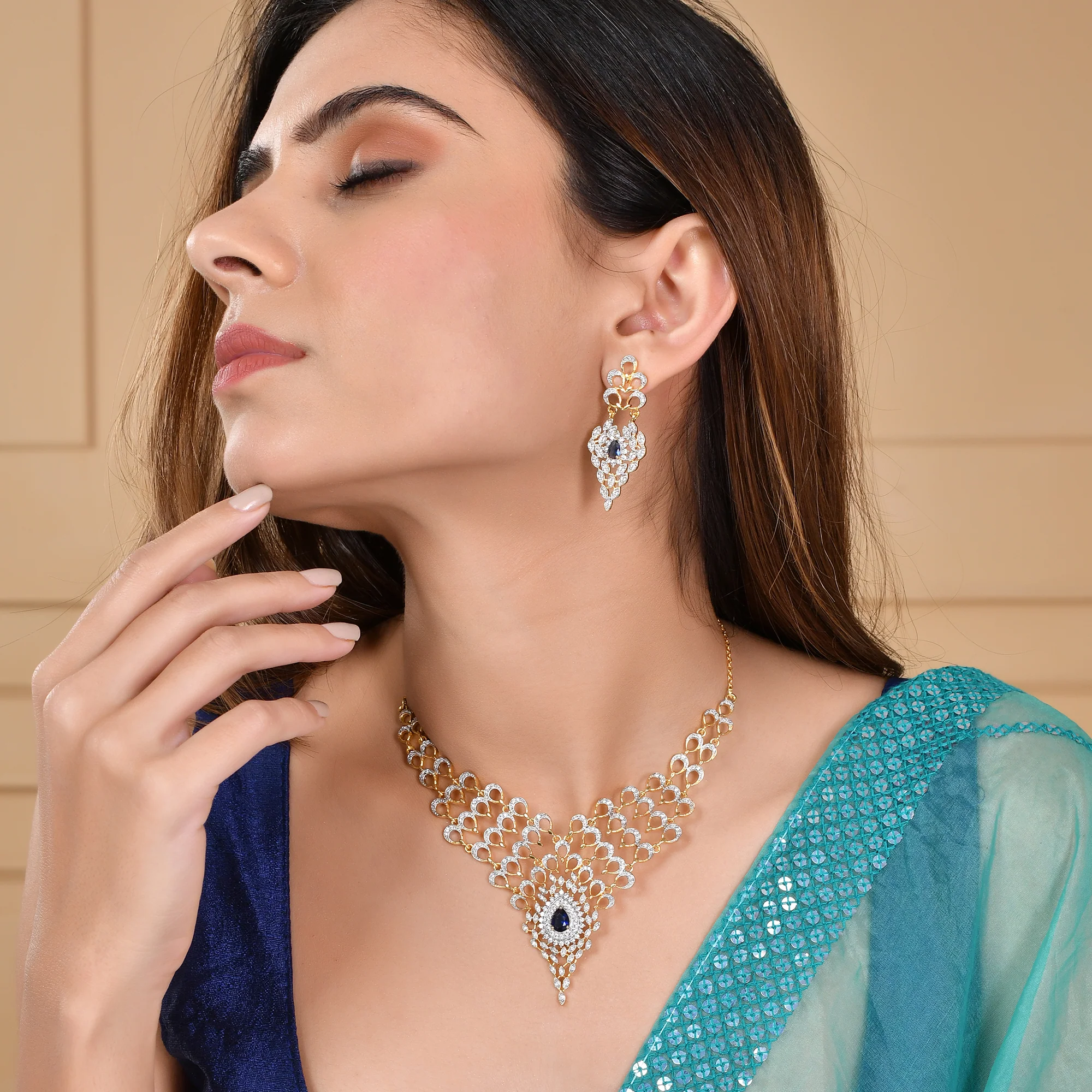 Peacock Sapphire Serenity Gold Necklace Set - Image 2