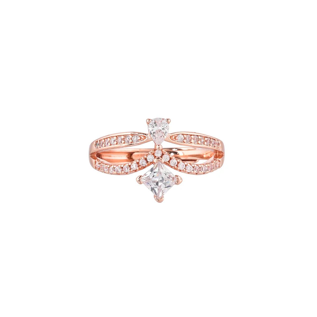 Pear and Rectangle Cut Zircons Brass Rose Gold Plated Ring - Image 3