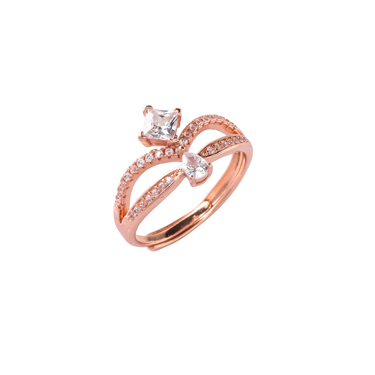 Pear and Rectangle Cut Zircons Brass Rose Gold Plated Ring - Image 4