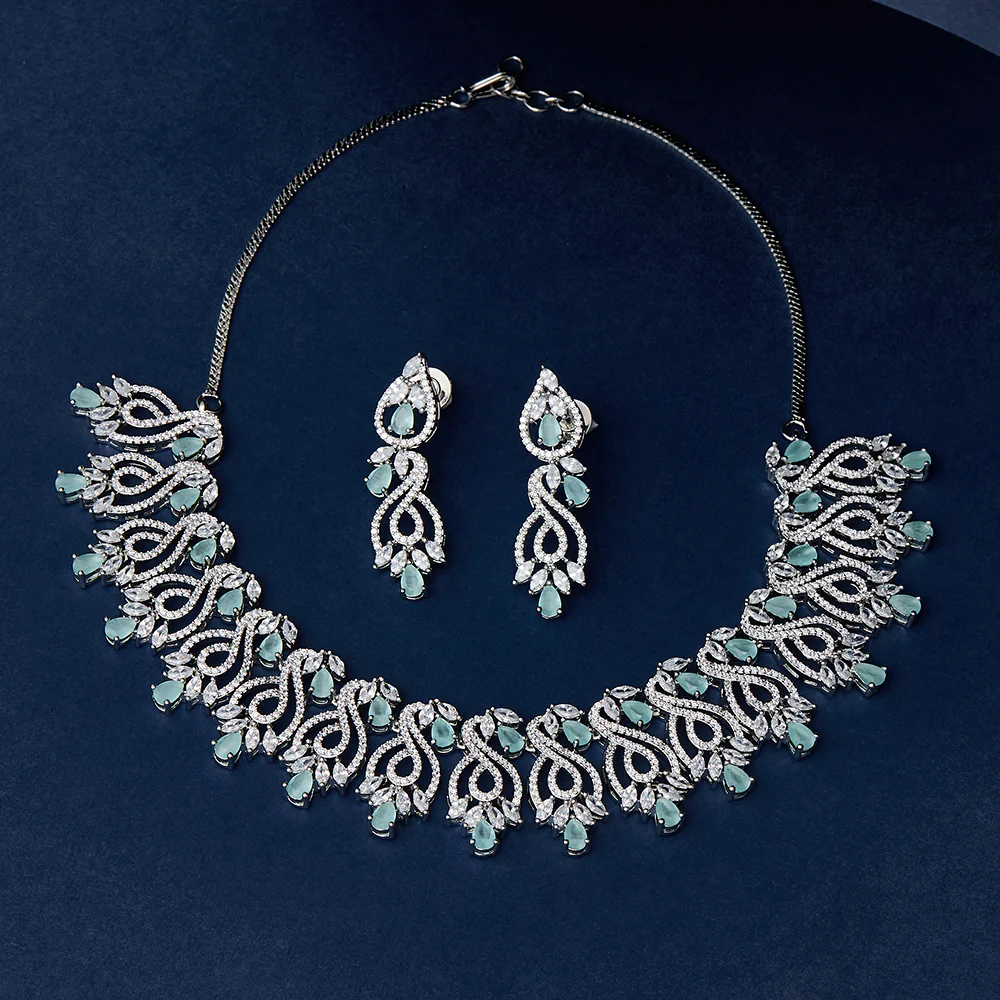 Pear Cut CZ Adorned Silver Plated Brass Floral Jewellery Set