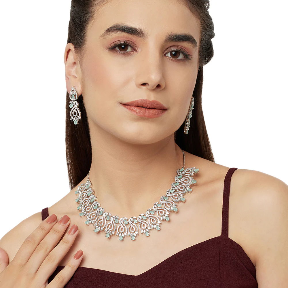 Pear Cut CZ Adorned Silver Plated Brass Floral Jewellery Set - Image 2