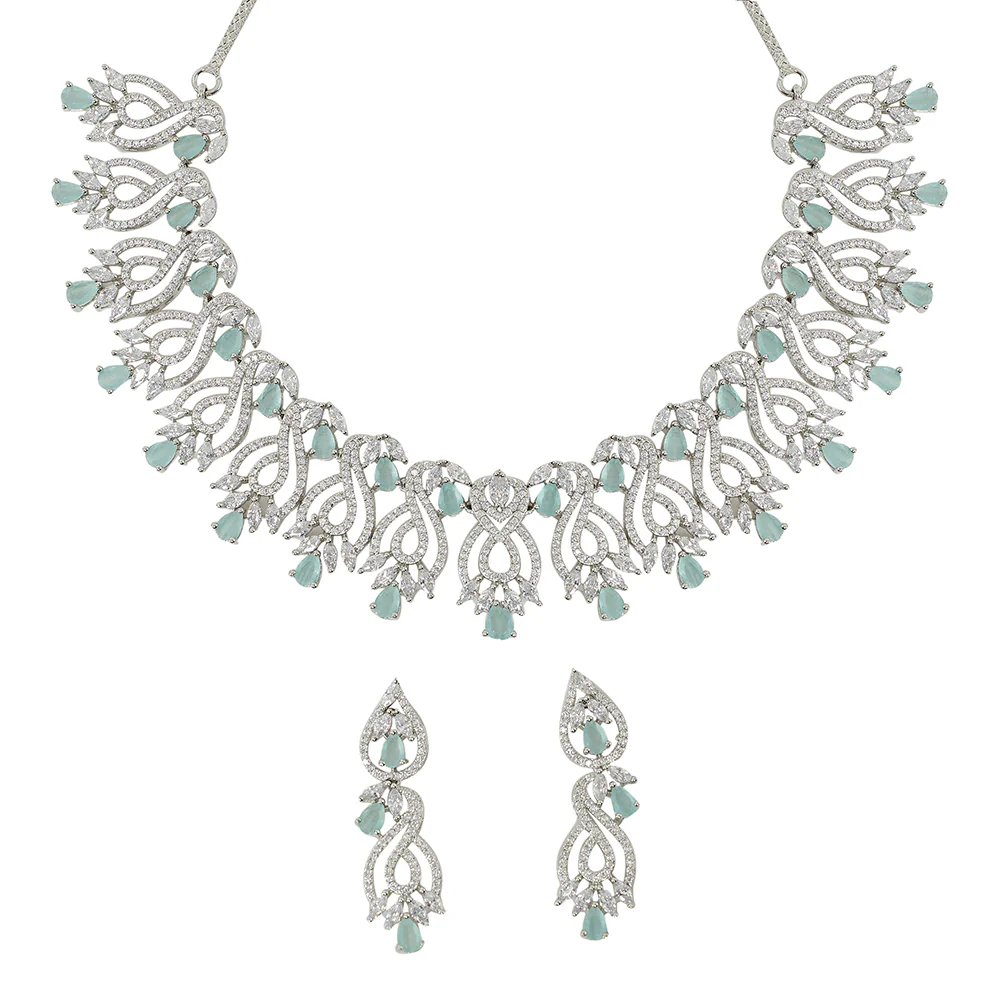 Pear Cut CZ Adorned Silver Plated Brass Floral Jewellery Set - Image 4