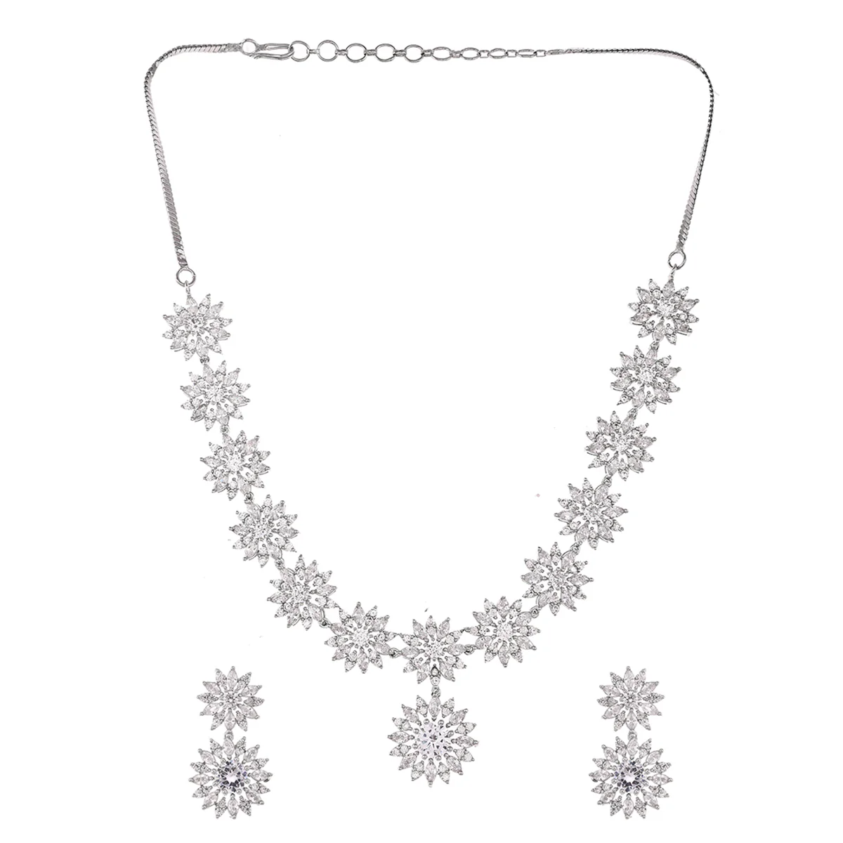 Pear Cut Zircons Adorned Floral Silver Plated Brass Jewellery Set - Image 3