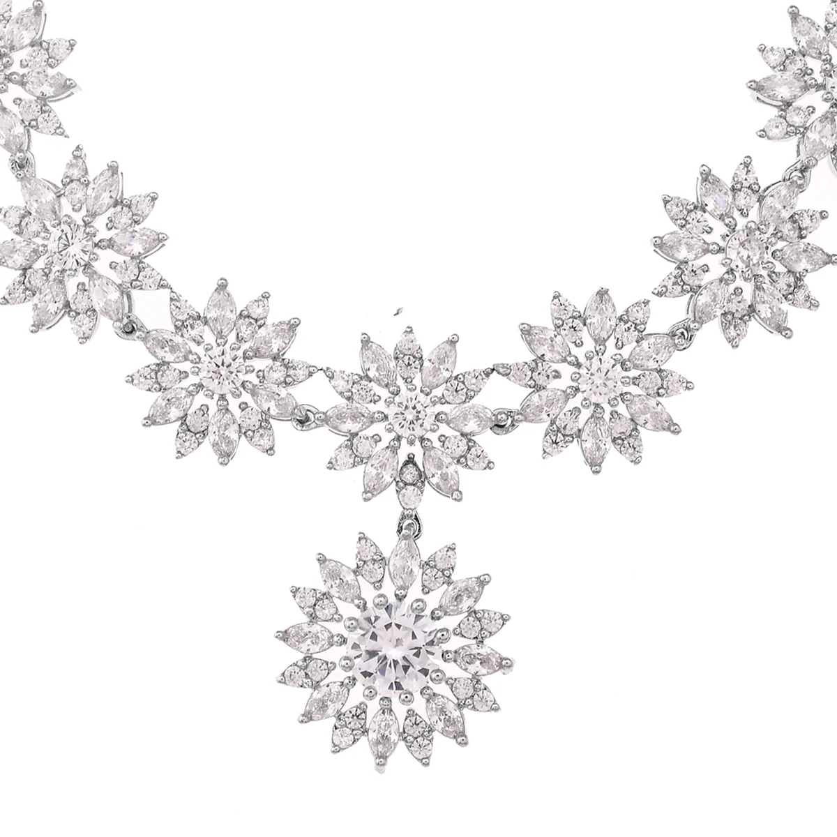 Pear Cut Zircons Adorned Floral Silver Plated Brass Jewellery Set - Image 4