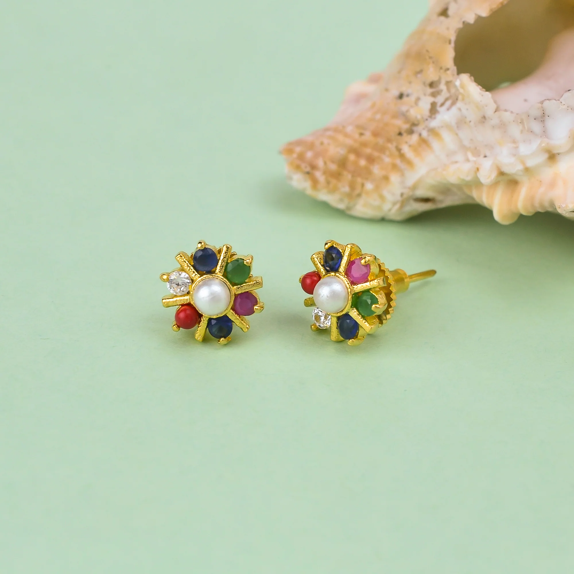 Pearl Bead and Coloured CZ Gems Stud Earrings