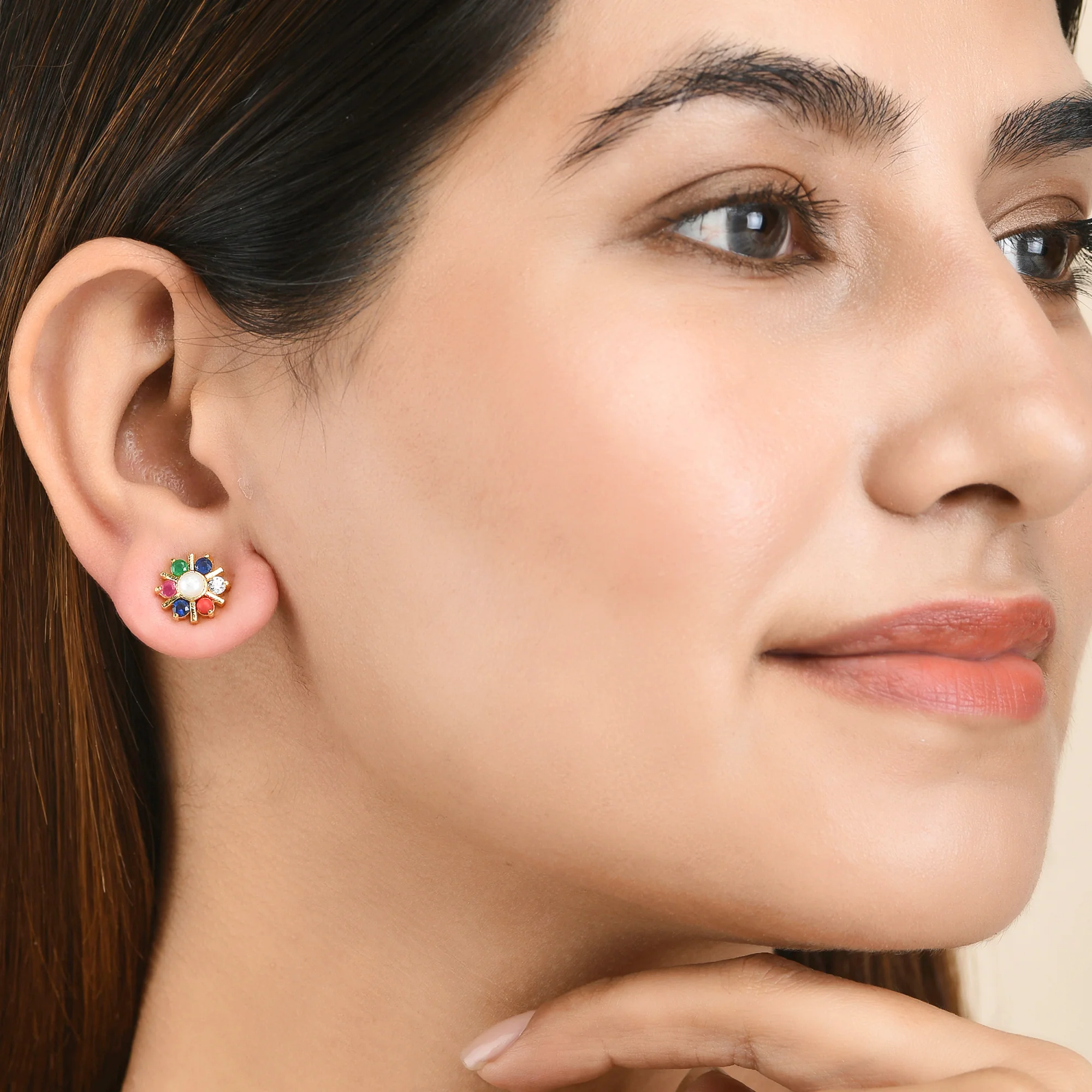 Pearl Bead and Coloured CZ Gems Stud Earrings - Image 2