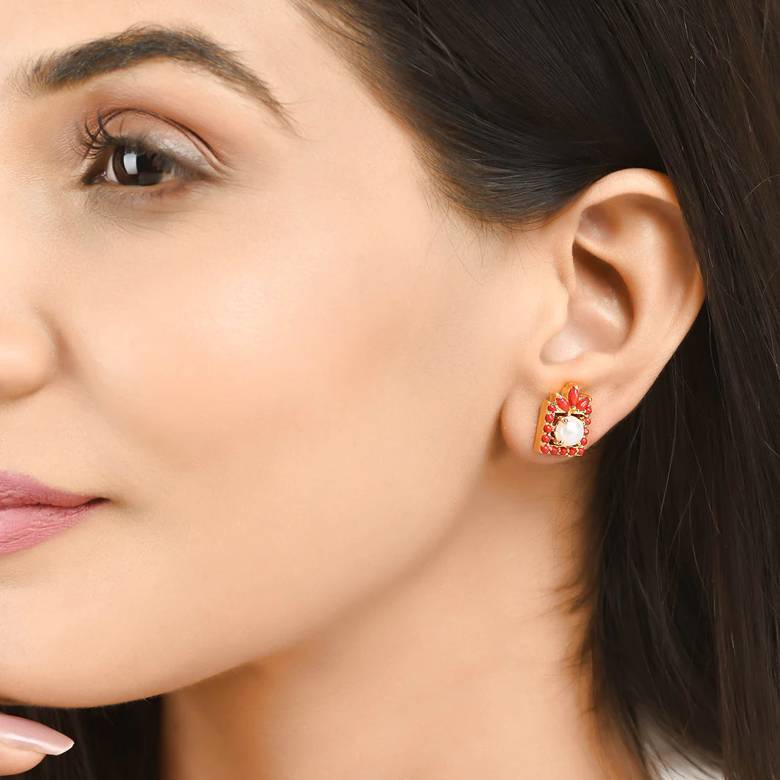 Pearl Bead And Red Cz Stud Earrings - Image 2