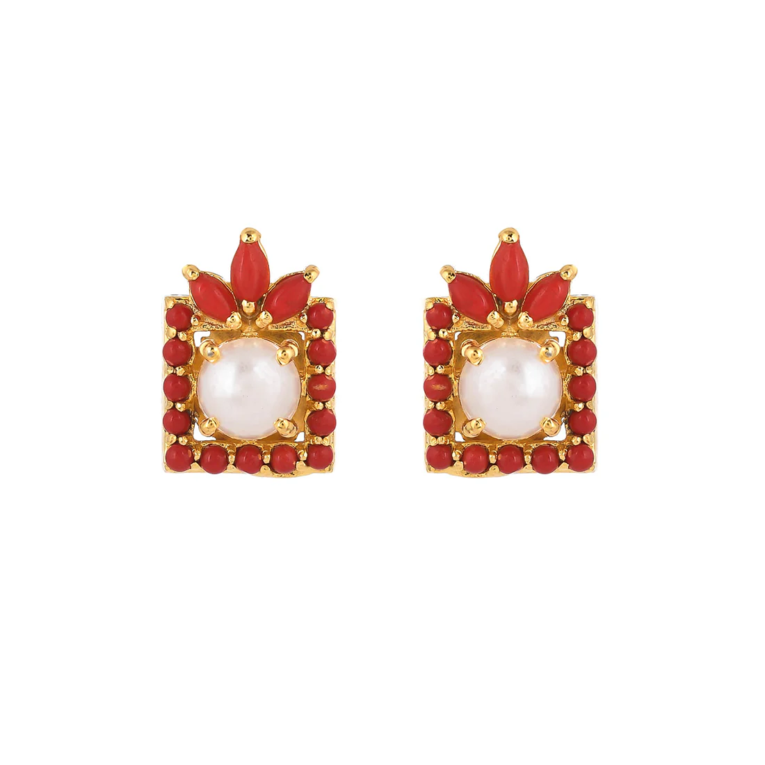 Pearl Bead And Red Cz Stud Earrings - Image 3