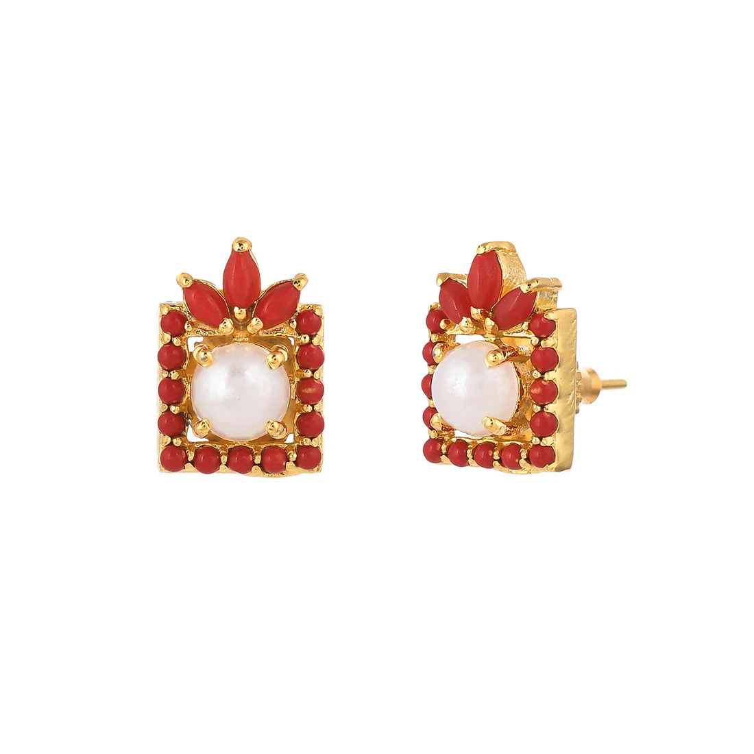 Pearl Bead And Red Cz Stud Earrings - Image 4