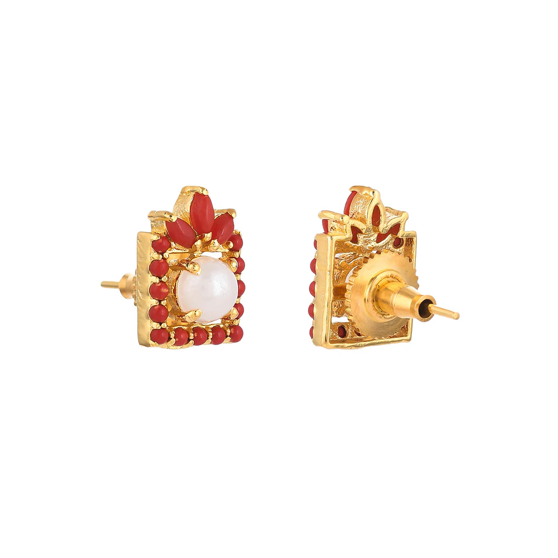Pearl Bead And Red Cz Stud Earrings - Image 5