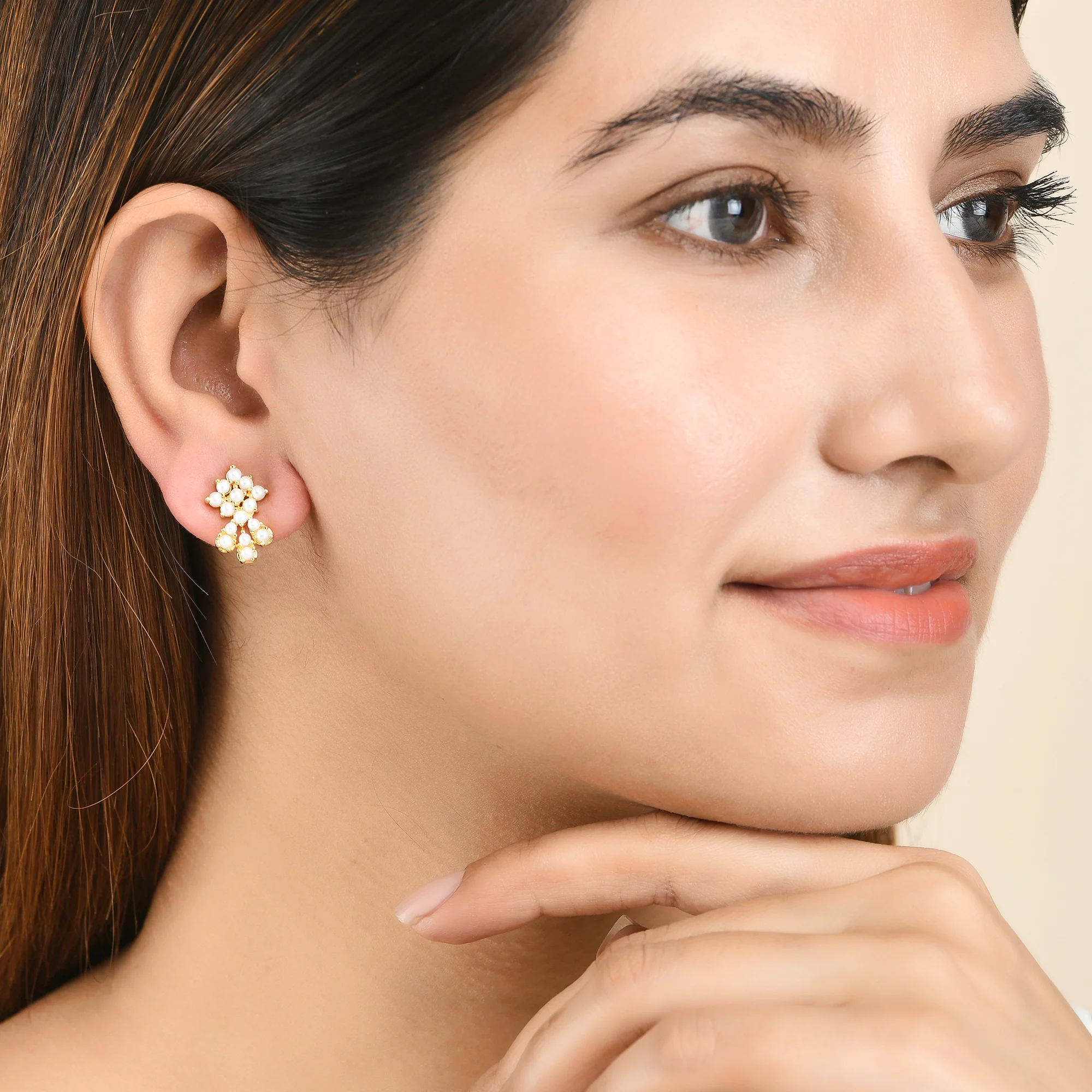 Pearl Beaded Gold Plated Stud Earrings - Image 2