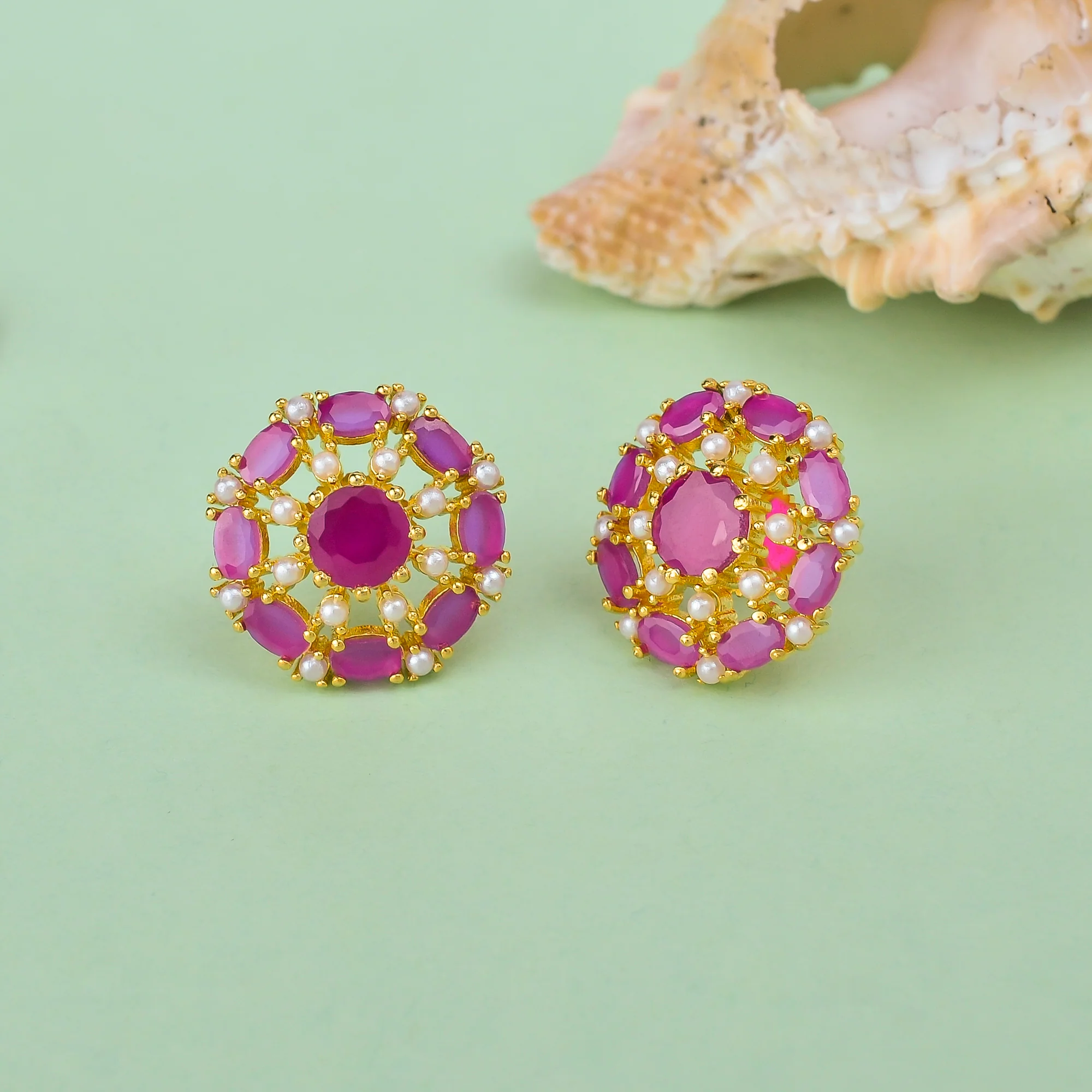 Pearl Beaded Pink Zirconia Gemstones Stud Earrings