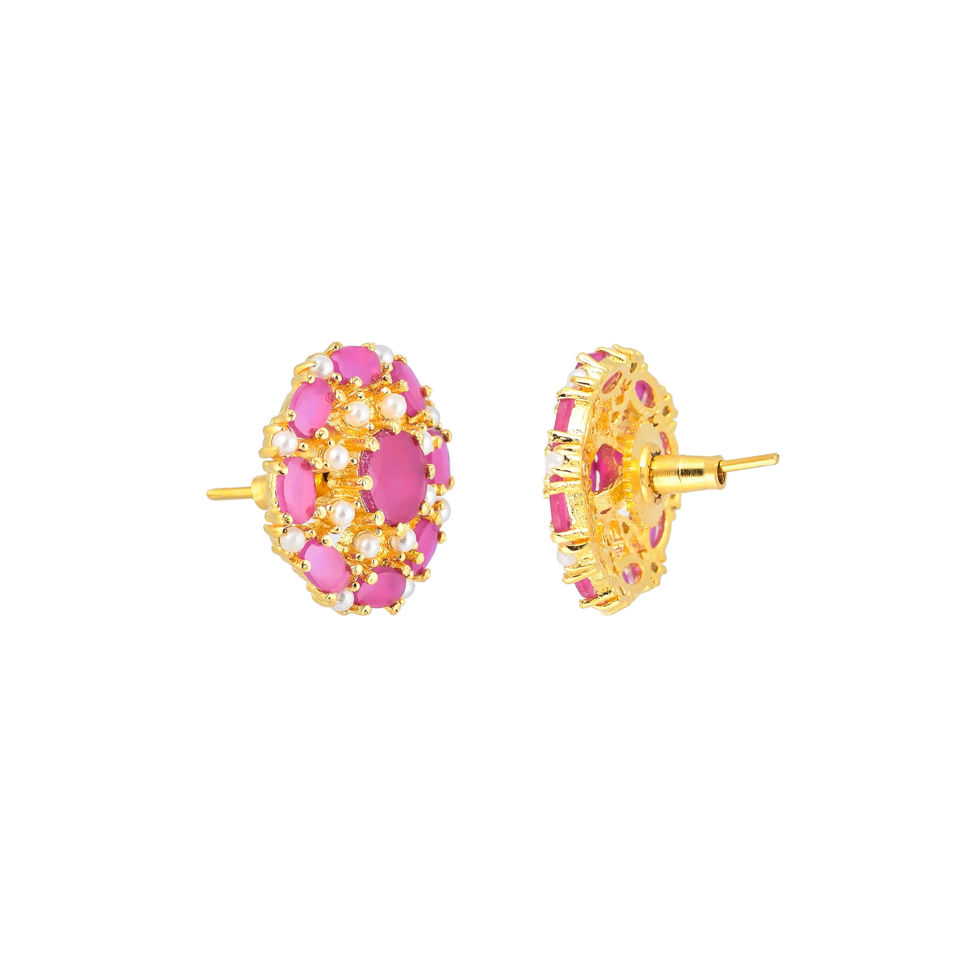 Pearl Beaded Pink Zirconia Gemstones Stud Earrings - Image 5