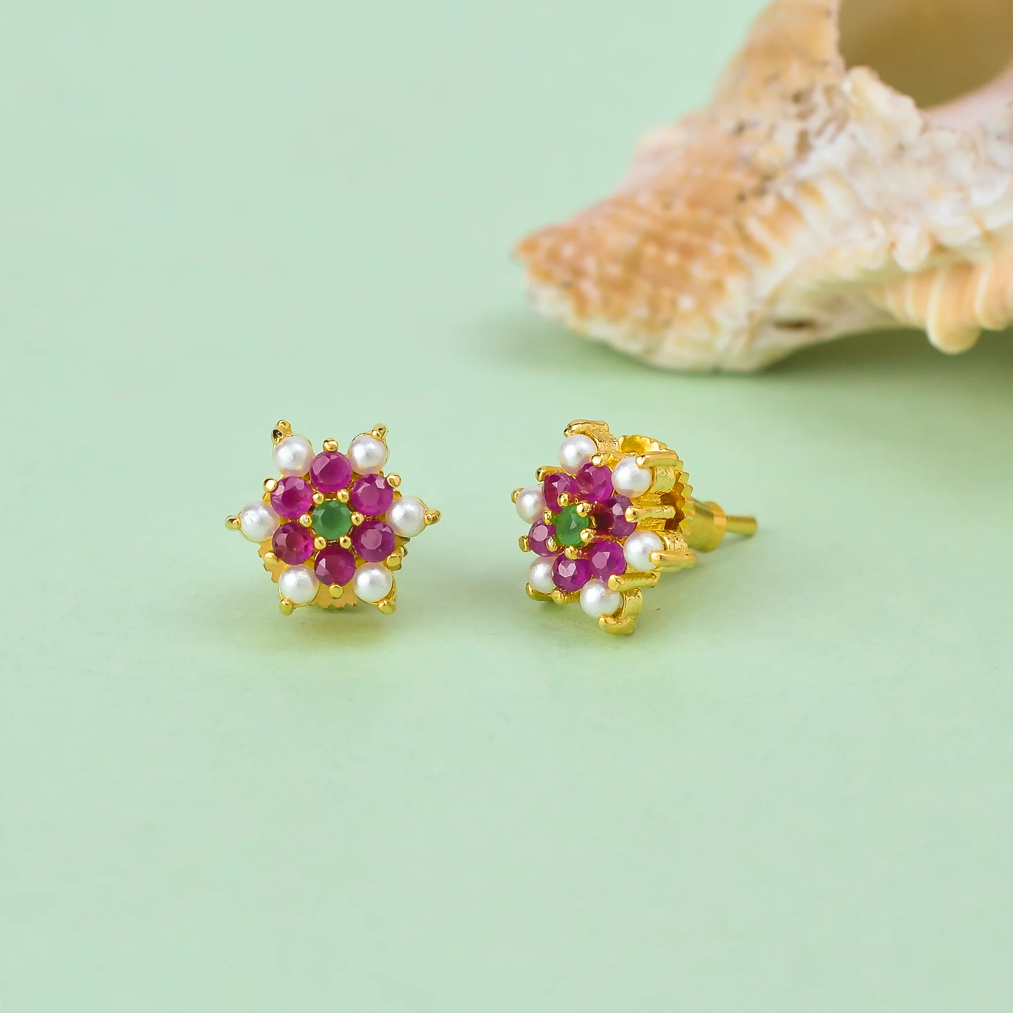Pearl Beads and Pink CZ Gems Stud Earrings