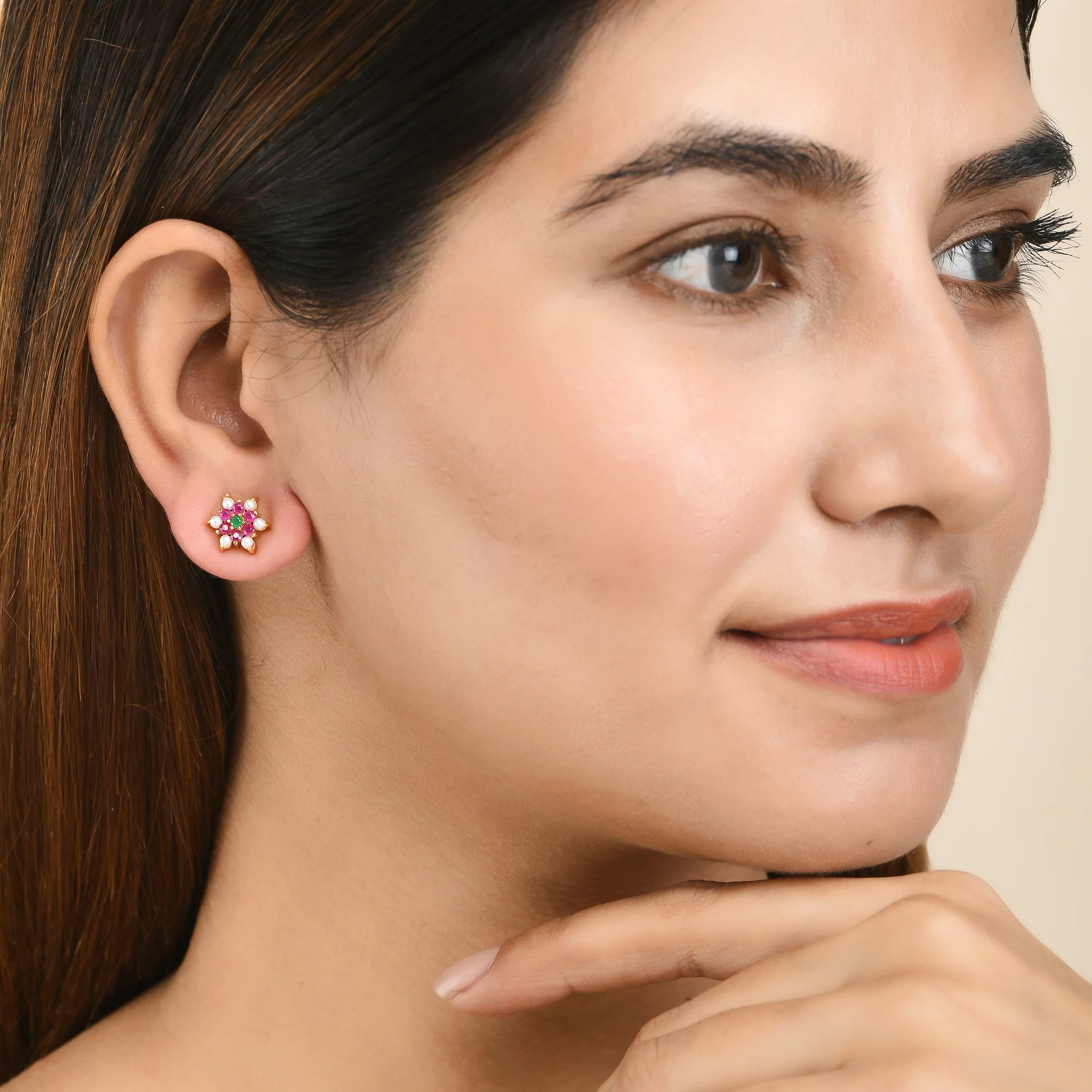 Pearl Beads and Pink CZ Gems Stud Earrings - Image 2