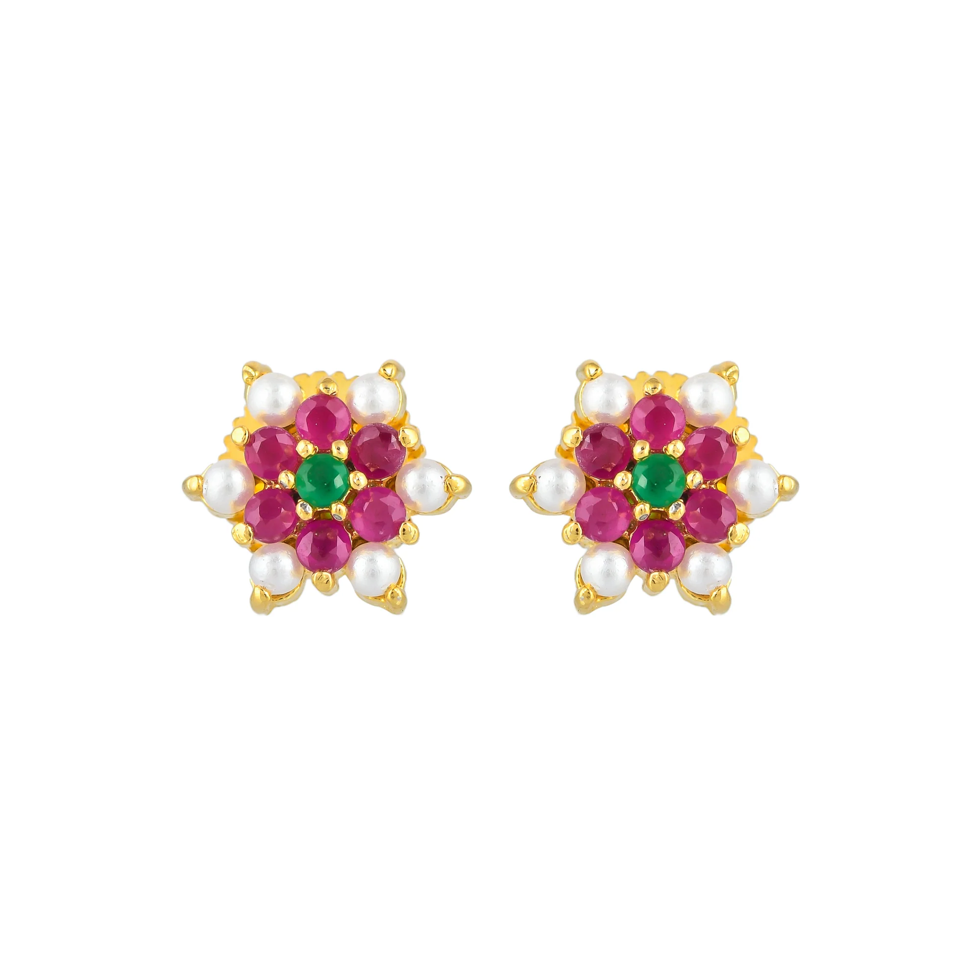 Pearl Beads and Pink CZ Gems Stud Earrings - Image 3