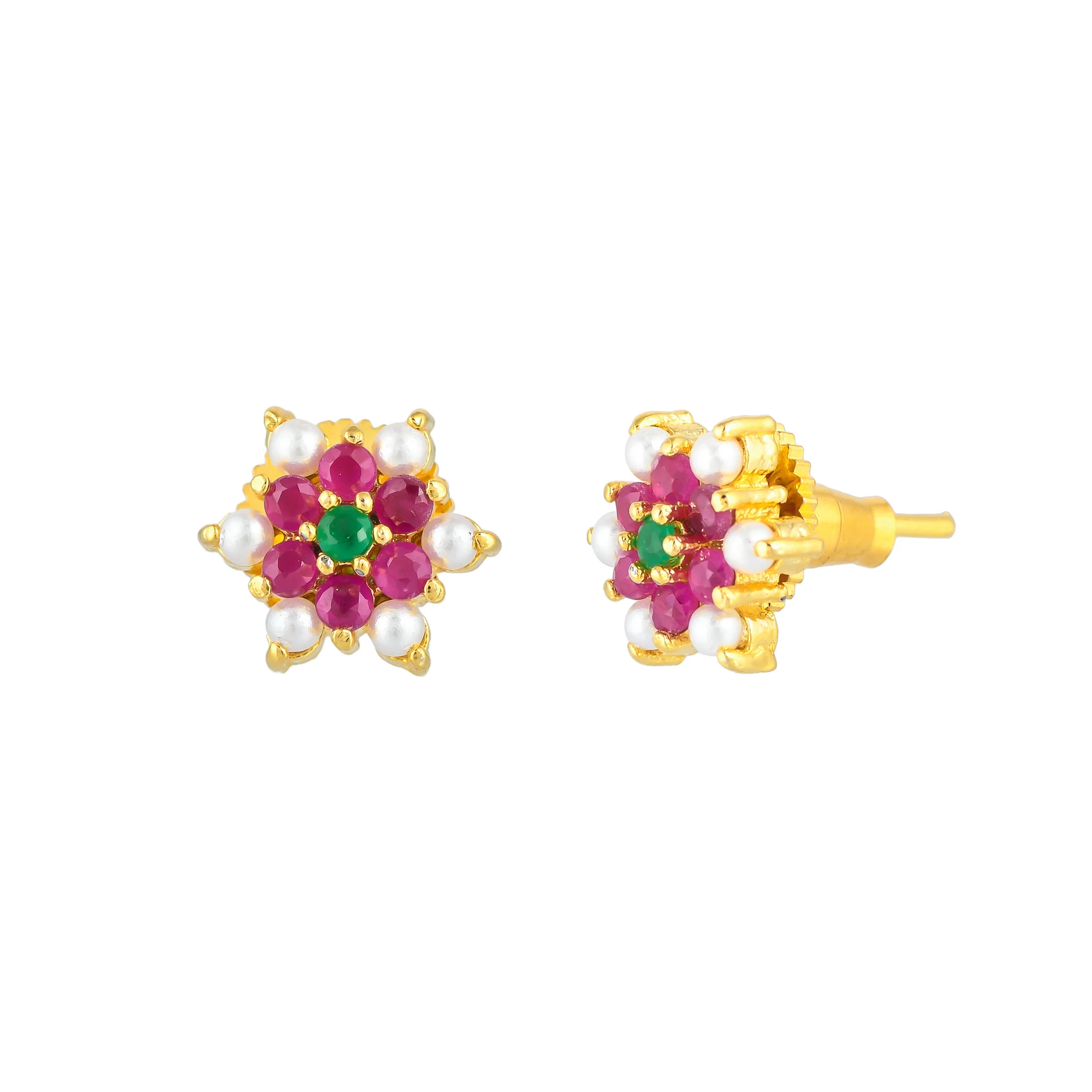 Pearl Beads and Pink CZ Gems Stud Earrings - Image 4