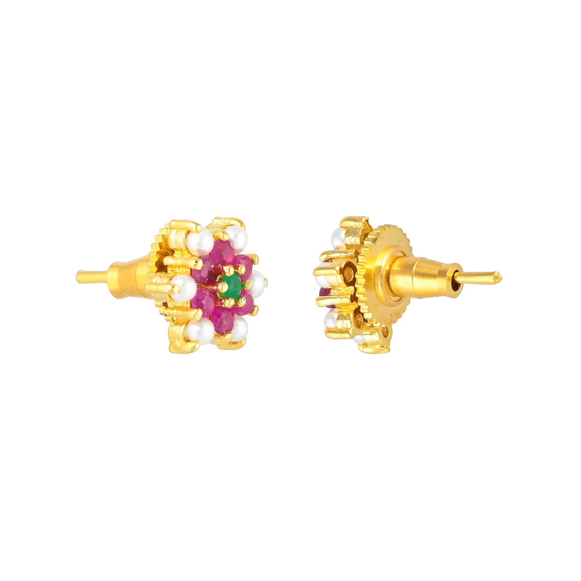 Pearl Beads and Pink CZ Gems Stud Earrings - Image 5