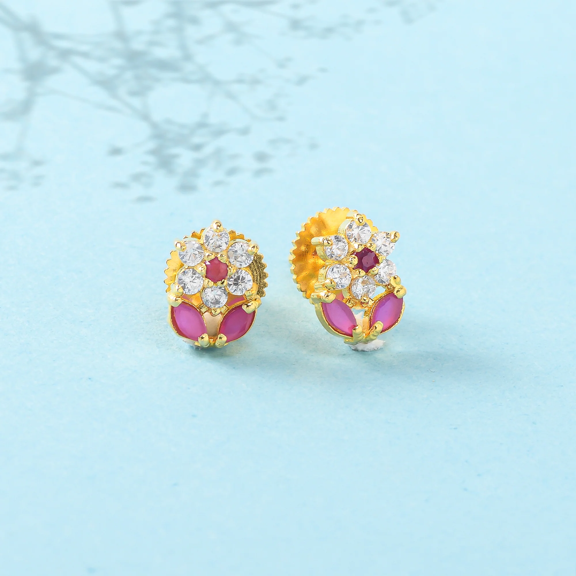 Pearl Beads Pink CZ Gems Floral Earrings