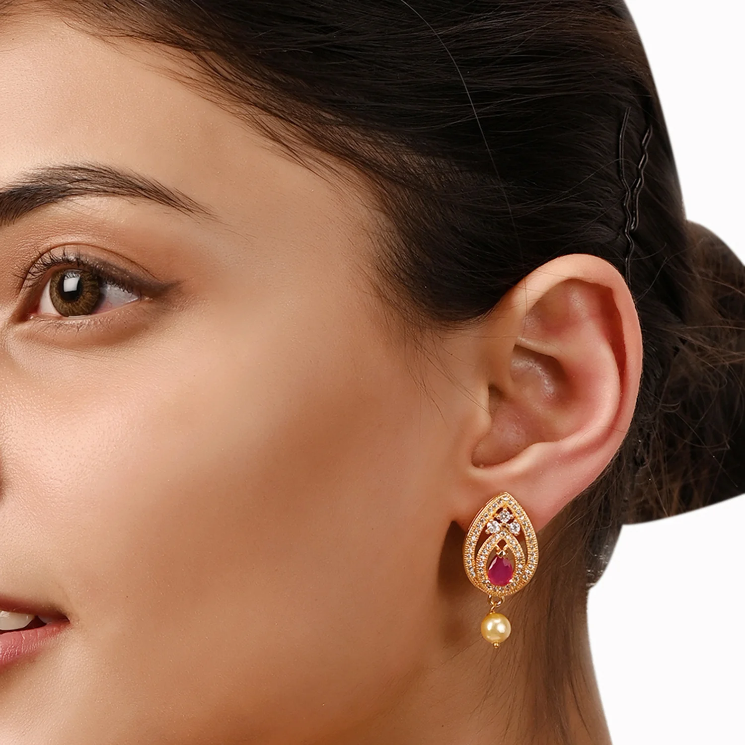 Pearl Drop CZ Stud Earrings - Image 2
