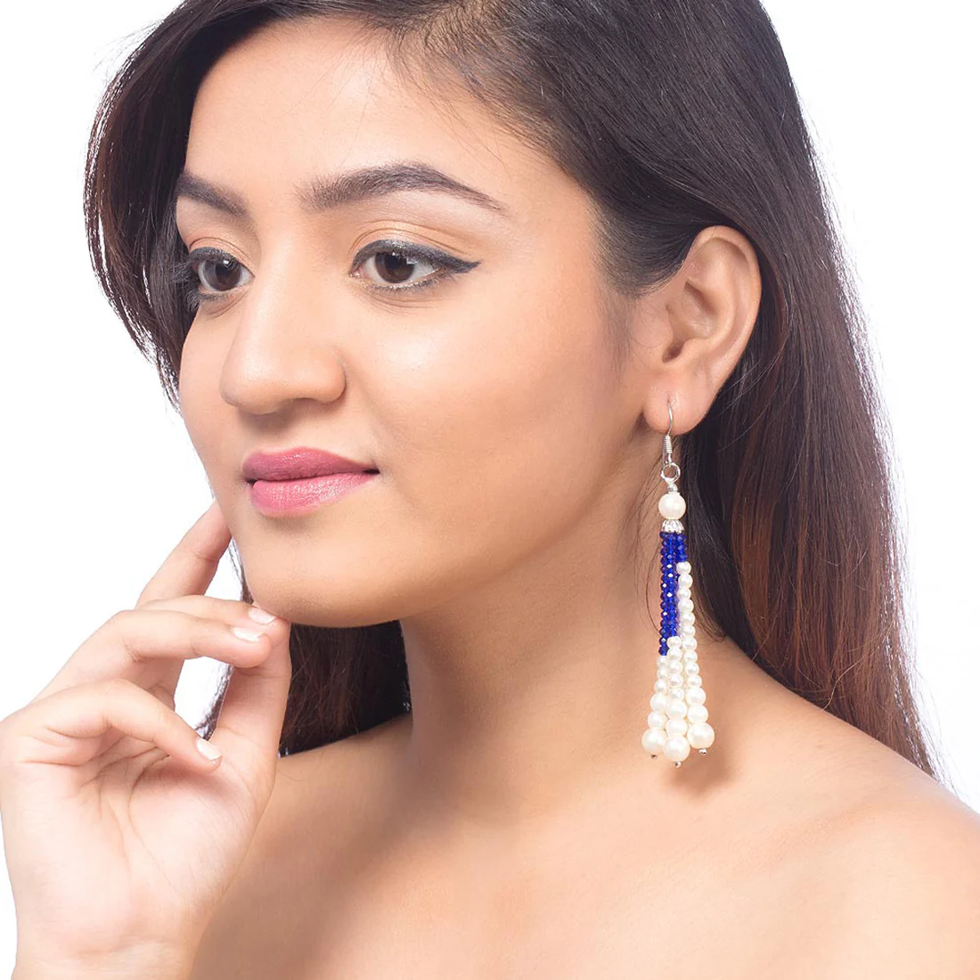Pearl Drop Earrings with Blue Beads - Image 2