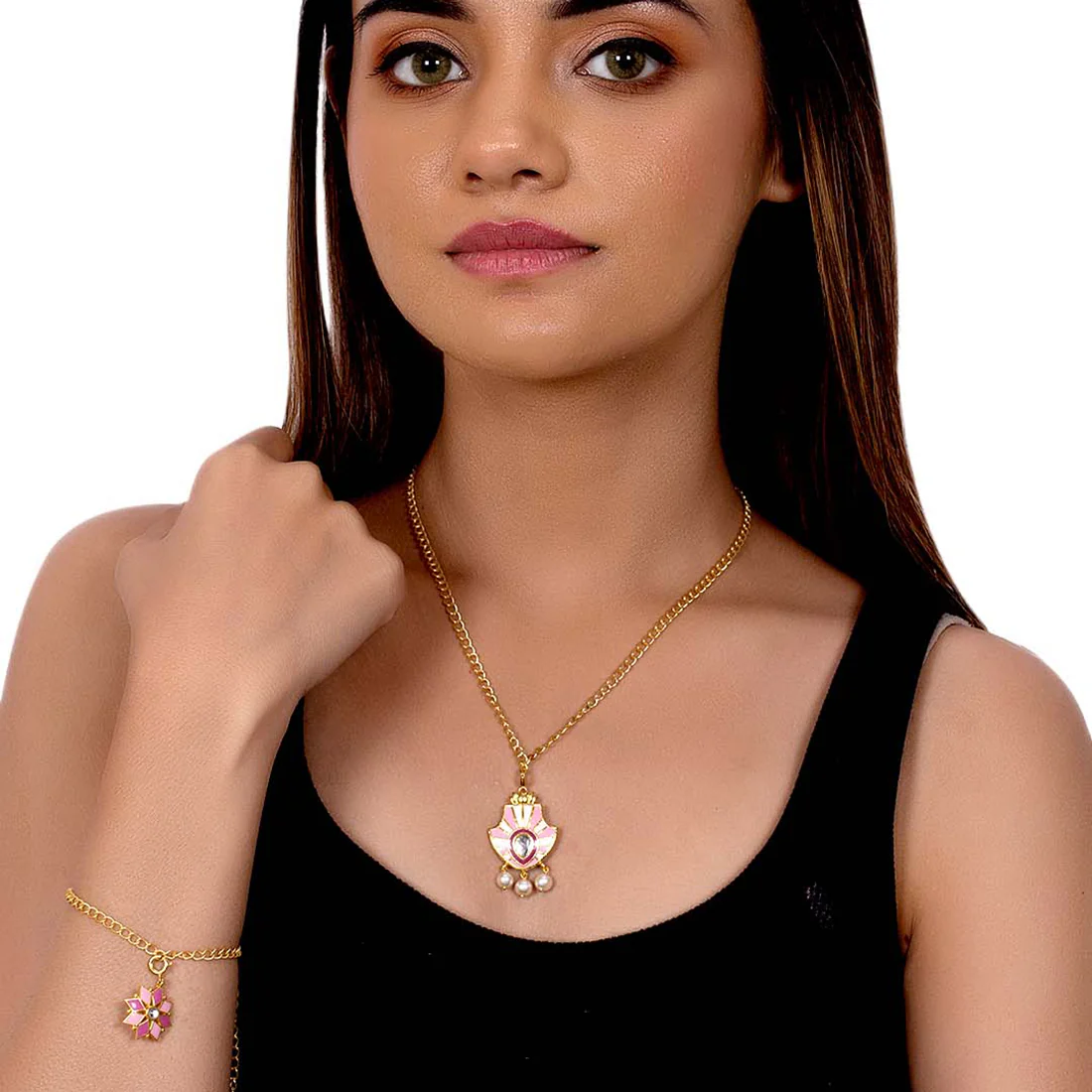Pearl Drop Enameled Charms Pendant With Chain and Bracelets - Image 2