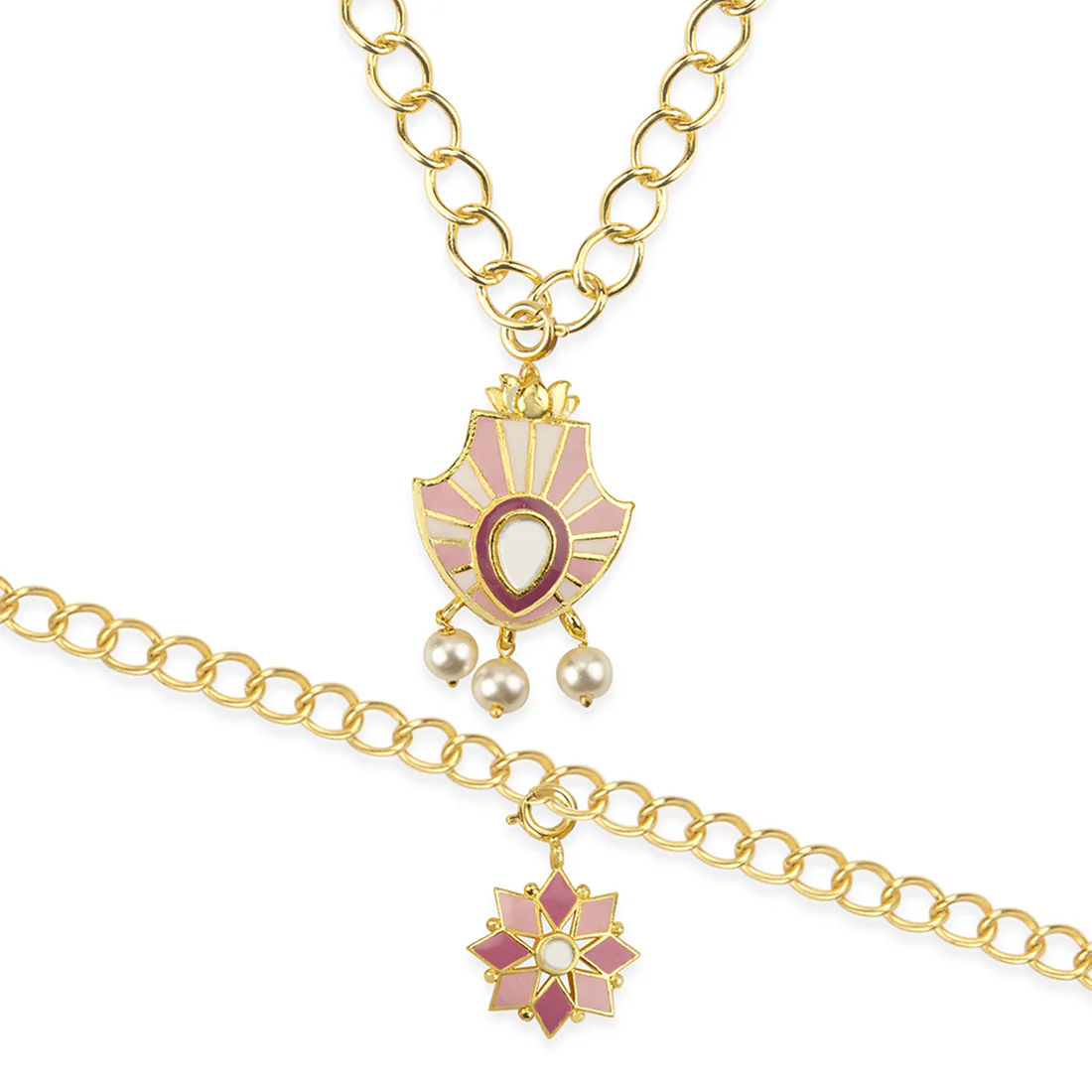 Pearl Drop Enameled Charms Pendant With Chain and Bracelets - Image 3