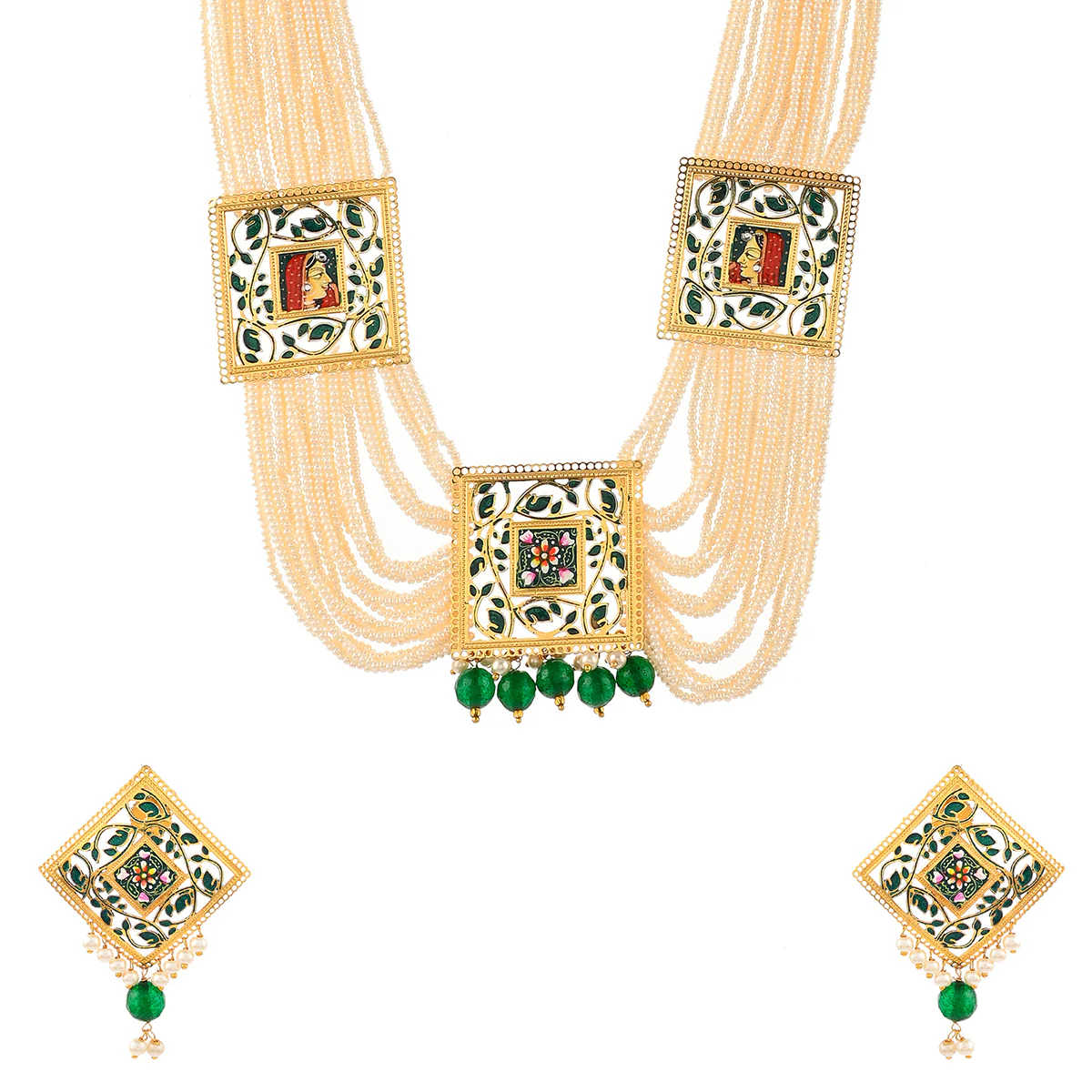 Pearl Elegance Ethnic Queen Heavily Embellished Gold Plated Brass Jewellery Set - Image 4