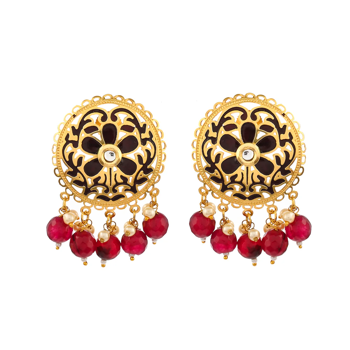 Pearl Elegance Faux Pearls Adorned Filigree Design Brass Gold Toned Earrings - Image 3