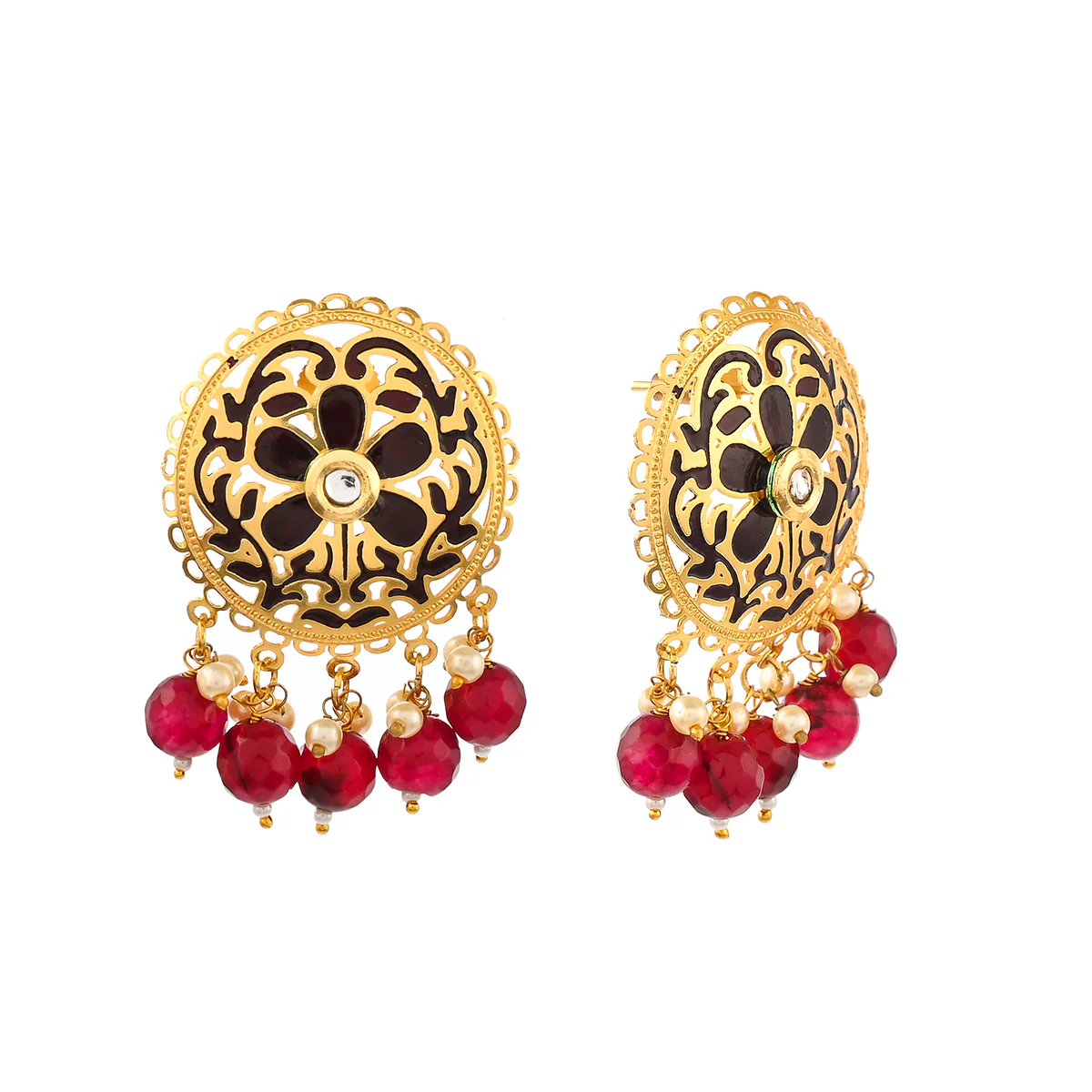 Pearl Elegance Faux Pearls Adorned Filigree Design Brass Gold Toned Earrings - Image 4