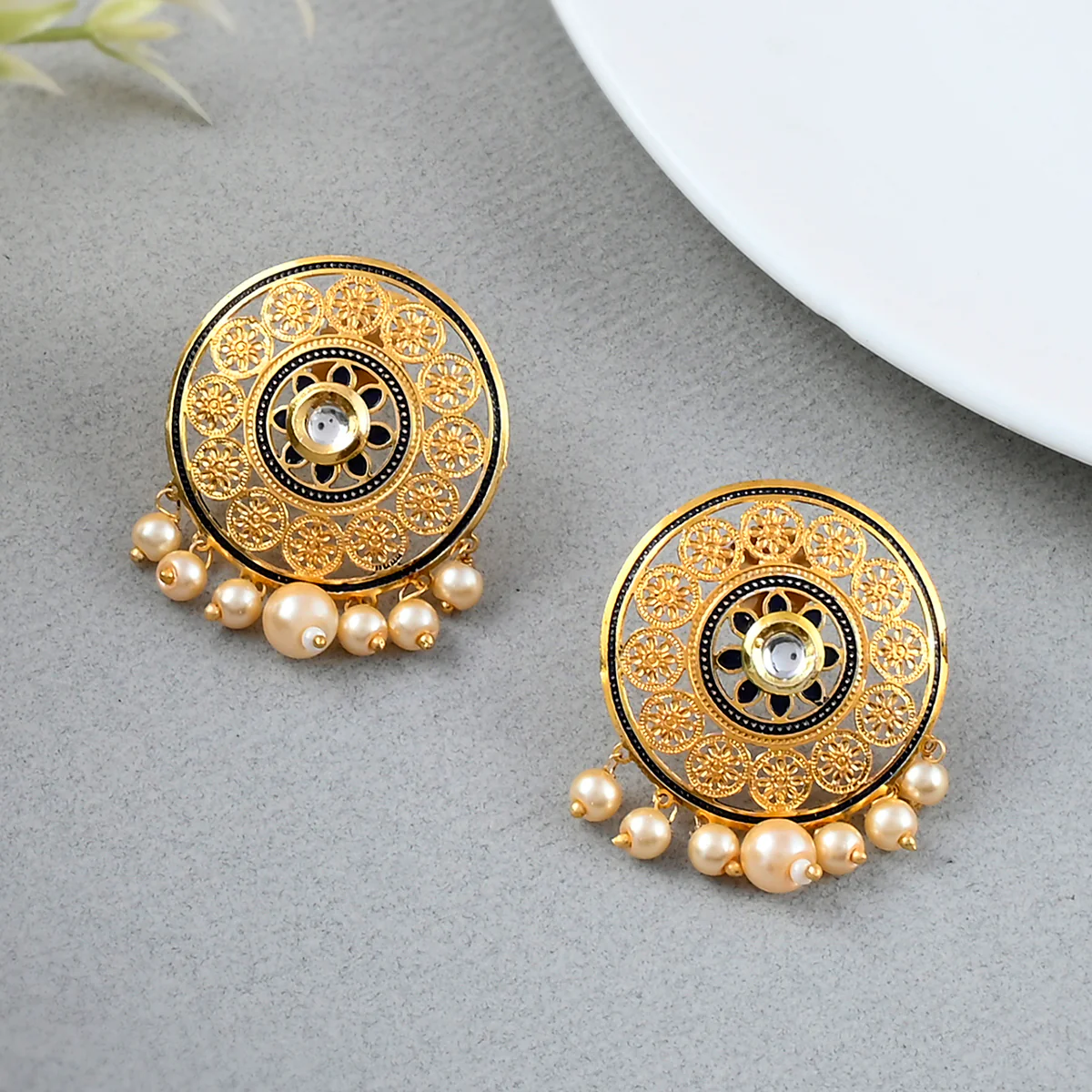 Pearl Elegance Faux Pearls and Kundan Adorned Gold Plated Large Stud Earrings