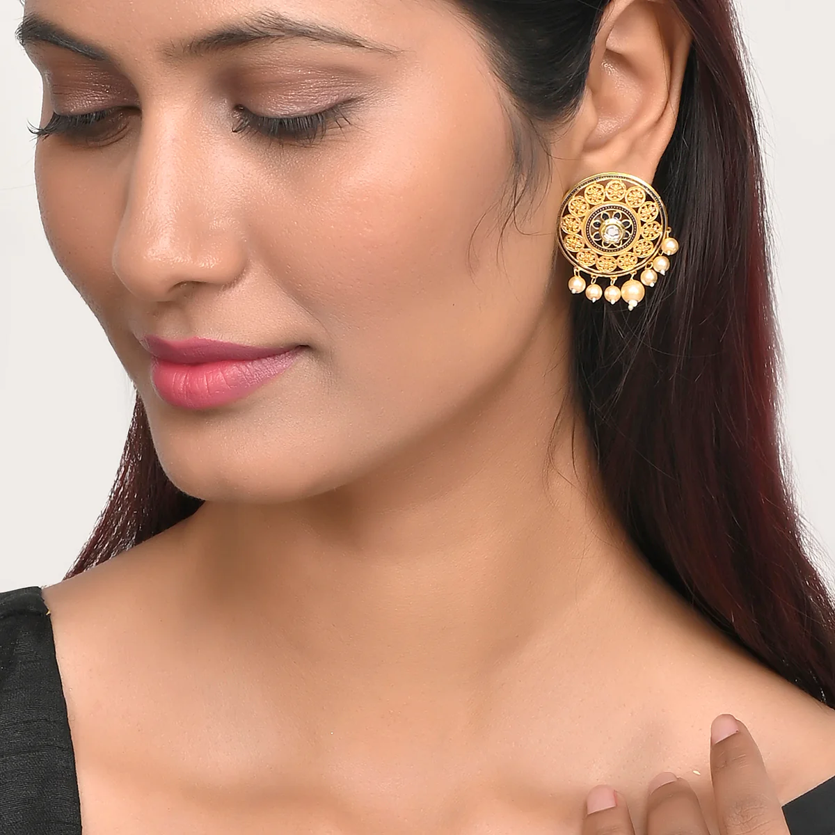 Pearl Elegance Faux Pearls and Kundan Adorned Gold Plated Large Stud Earrings - Image 2