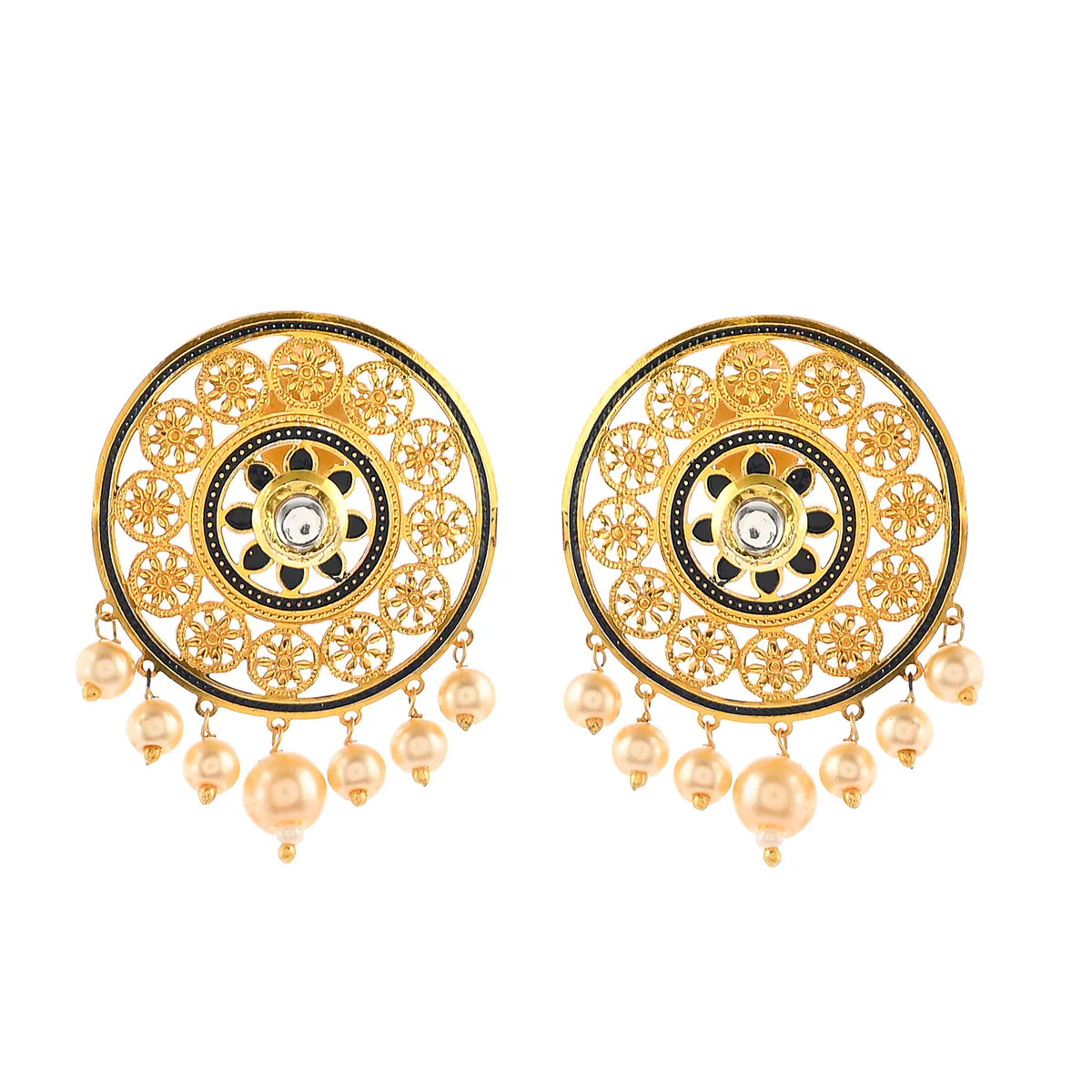 Pearl Elegance Faux Pearls and Kundan Adorned Gold Plated Large Stud Earrings - Image 3