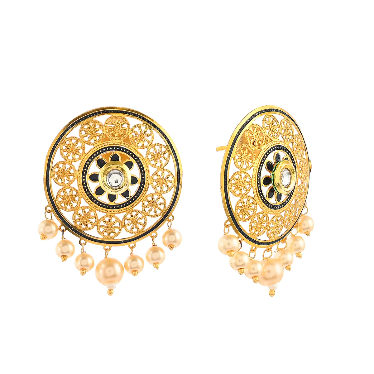 Pearl Elegance Faux Pearls and Kundan Adorned Gold Plated Large Stud Earrings - Image 4