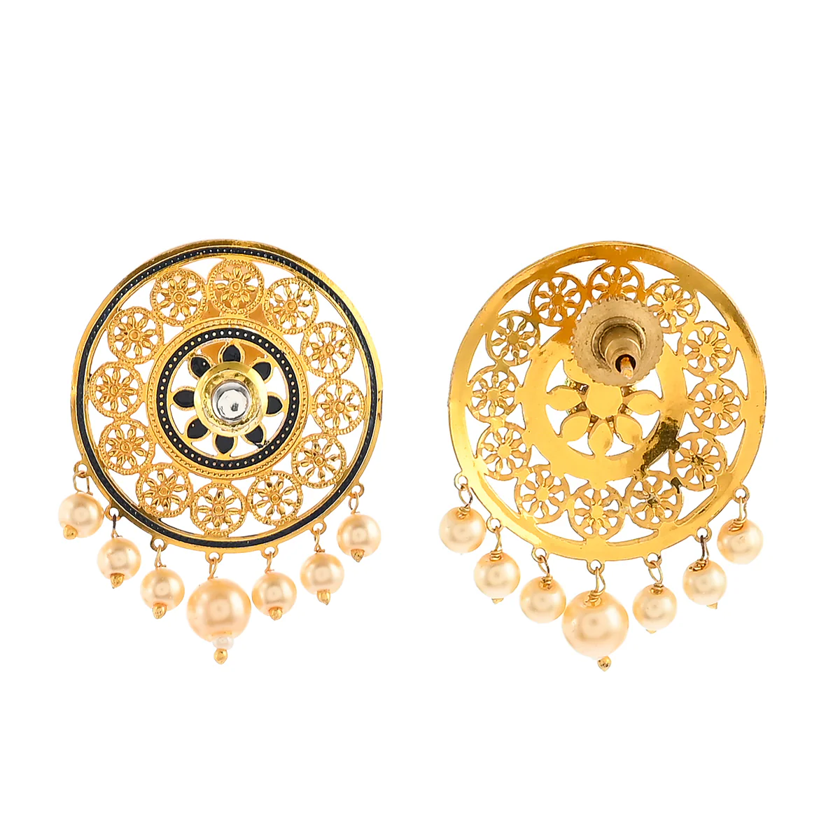 Pearl Elegance Faux Pearls and Kundan Adorned Gold Plated Large Stud Earrings - Image 5