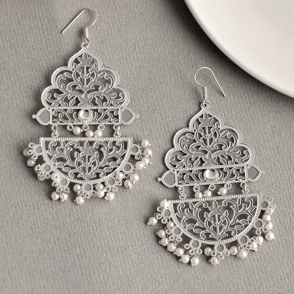 Pearl Elegance Faux Pearls Cutwork Design Brass Silver Plated Drop Earrings