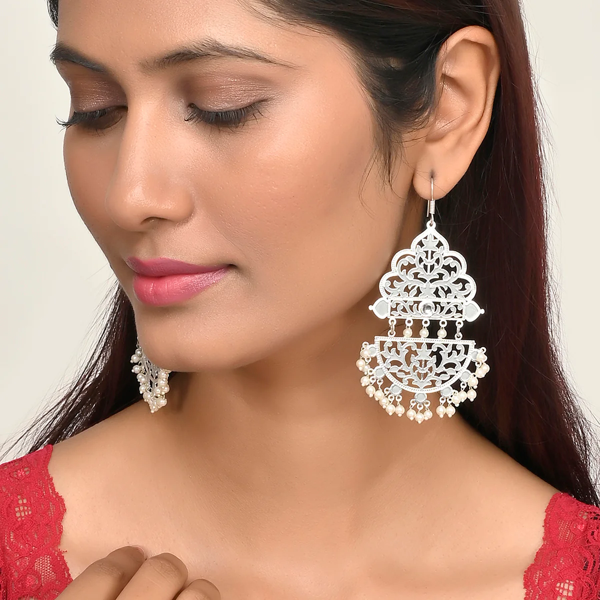 Pearl Elegance Faux Pearls Cutwork Design Brass Silver Plated Drop Earrings - Image 2