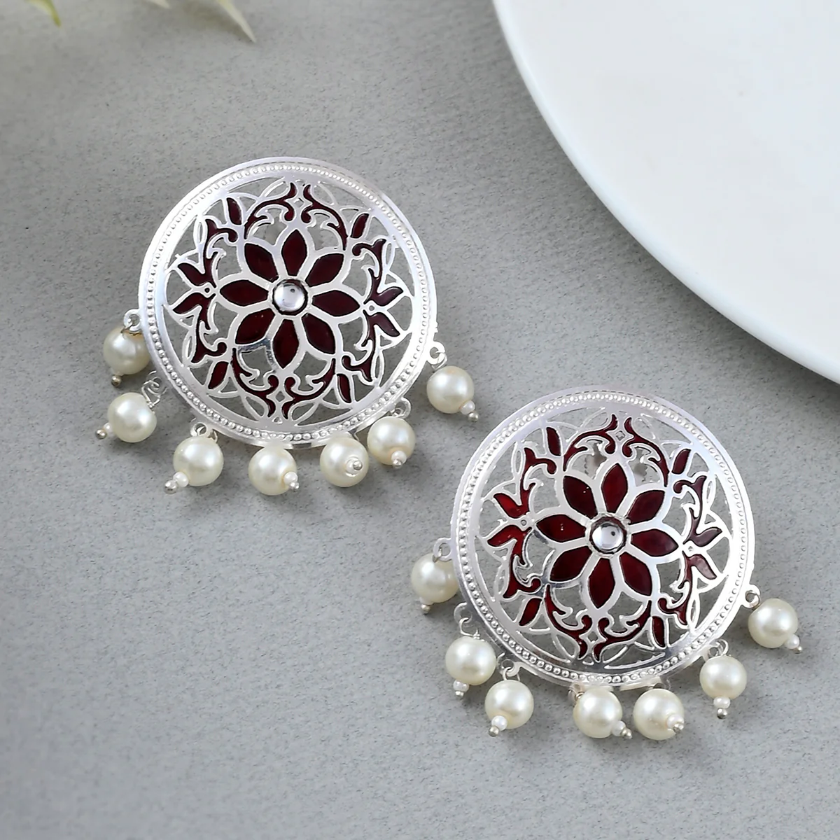Pearl Elegance Filigree Design Floral Motif Faux Pearls Silver Plated Earrings