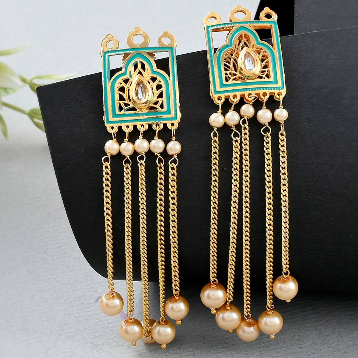 Pearl Elegance Gold Plated Drop Style Brass Enamelled Temple Earrings