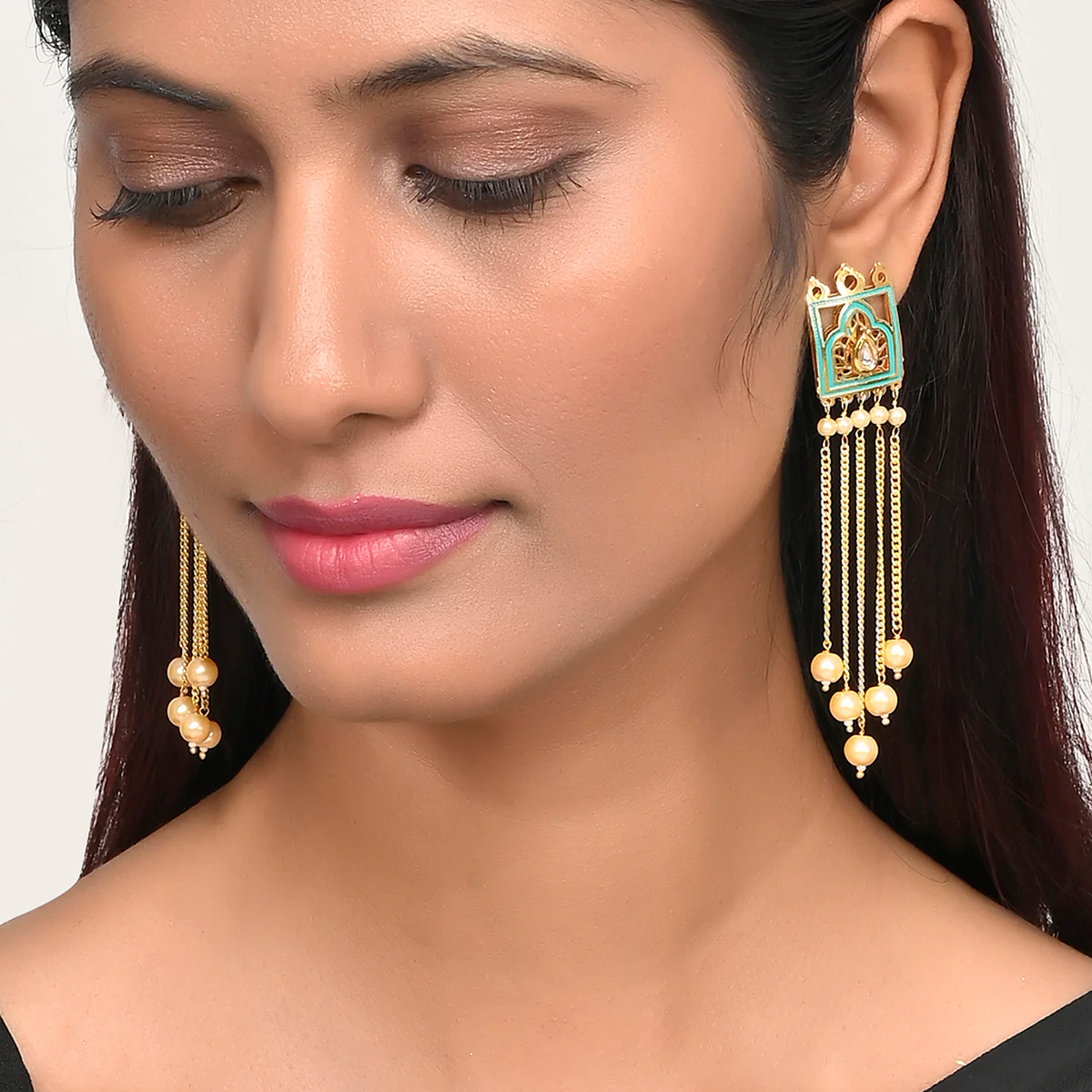 Pearl Elegance Gold Plated Drop Style Brass Enamelled Temple Earrings - Image 2