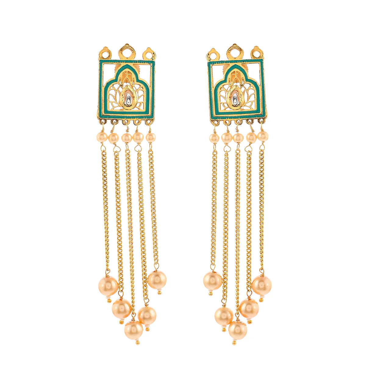 Pearl Elegance Gold Plated Drop Style Brass Enamelled Temple Earrings - Image 3