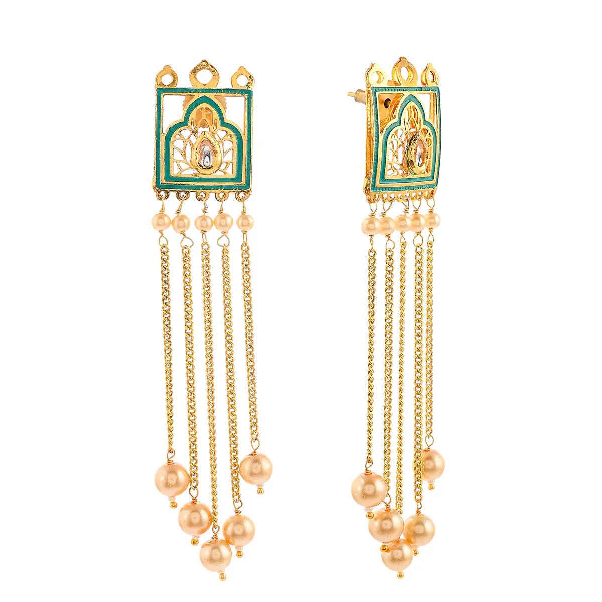 Pearl Elegance Gold Plated Drop Style Brass Enamelled Temple Earrings - Image 4