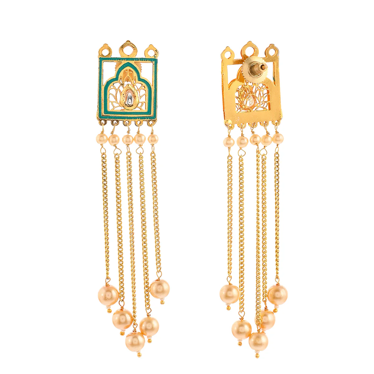 Pearl Elegance Gold Plated Drop Style Brass Enamelled Temple Earrings - Image 5