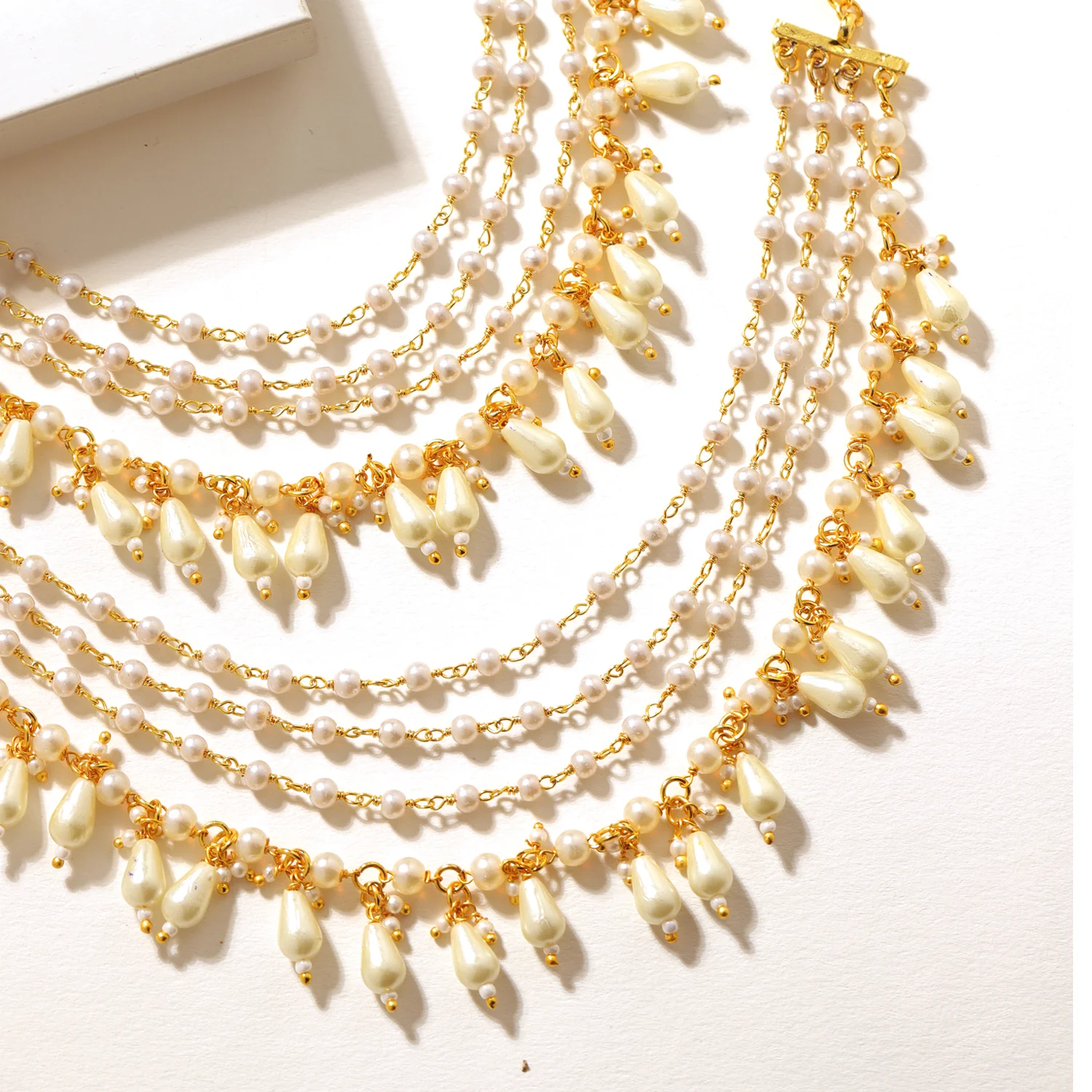 Pearl Elegance Ivory Pearl Drop Ethnic Earrings Chain Set - Image 2